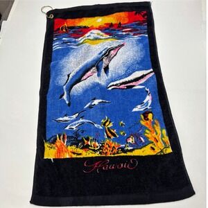 VTG Black Hawaii Hand Towel w Hook Sea Life Whales Dolphins Ocean Retro Colorful
